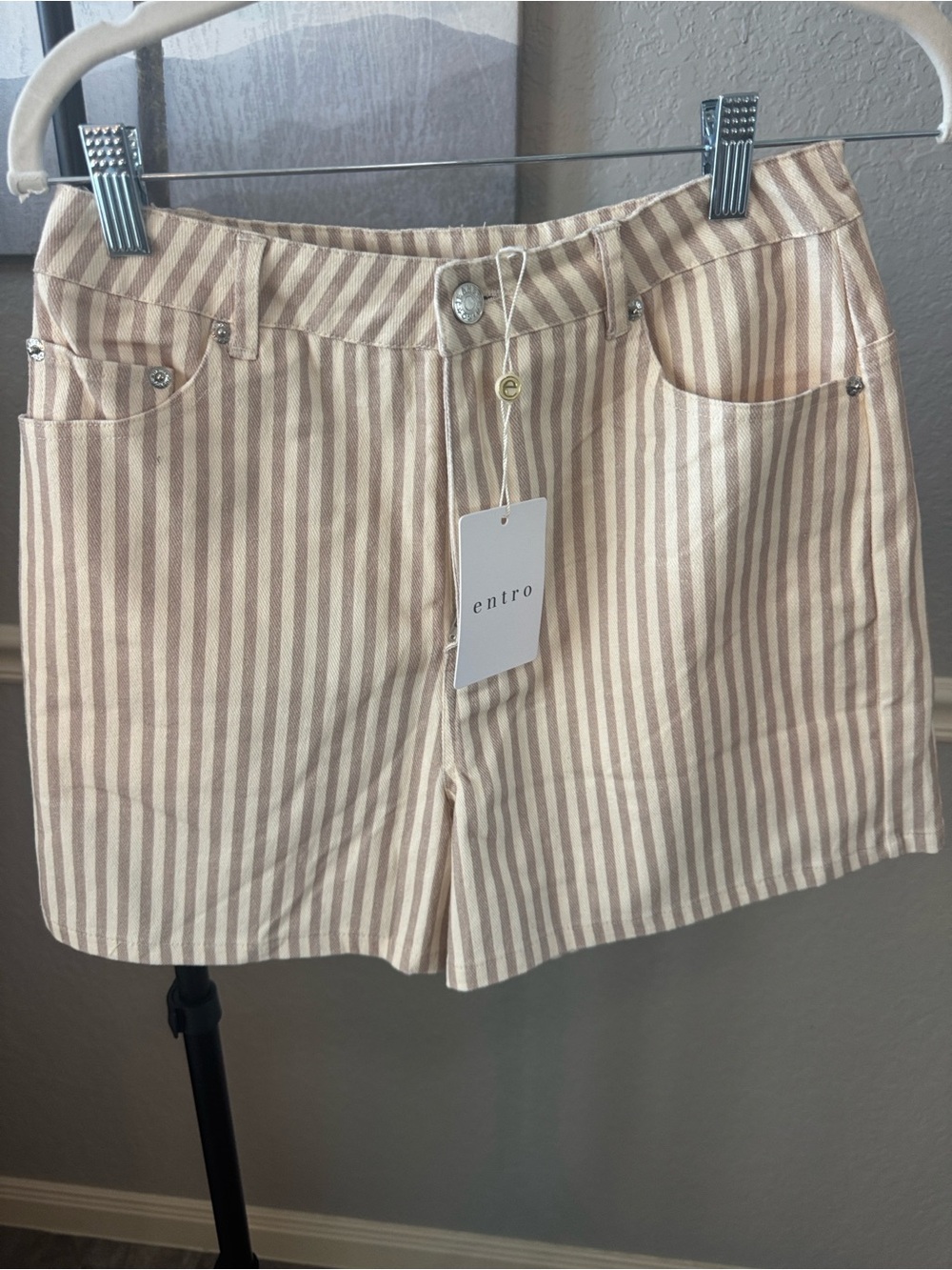 entro Cream & Beige Striped Cotton Mini Skirt